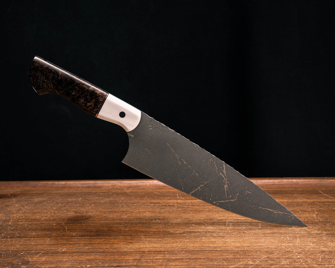 Chef Blade- White G10, Black G10 and Bronze Split, Copper Dark Matter Carbon, CF Pins, Smooth Grip