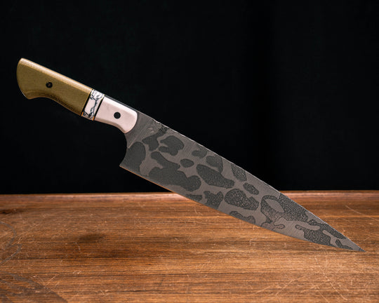 10" Chef Blade- White G10, Black G10 and Brass Pin Striping, White with Black Web Tru-stone Split, OD Green Canvas Micaela, CF Pin, Mosaic Pin, Smooth Grip