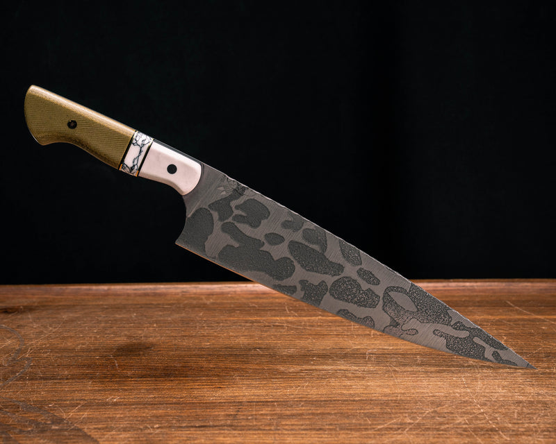 10" Chef Blade- White G10, Black G10 and Brass Pin Striping, White with Black Web Tru-stone Split, OD Green Canvas Micaela, CF Pin, Mosaic Pin, Smooth Grip