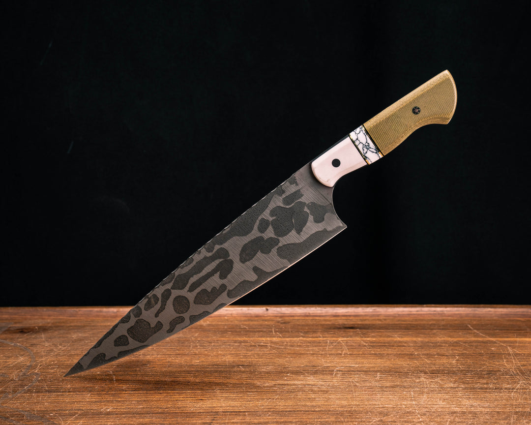 10" Chef Blade- White G10, Black G10 and Brass Pin Striping, White with Black Web Tru-stone Split, OD Green Canvas Micaela, CF Pin, Mosaic Pin, Smooth Grip