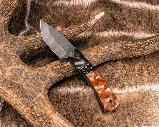 Beef Harpoon- Red Dark Matter Carbon, Black G10, Cherry G10 and Brass Pin Striping, Black with White Web Tru-stone Split, Amboyna Burl, Mosaic Pins, Brass Lanyard Pin, Textured Grip