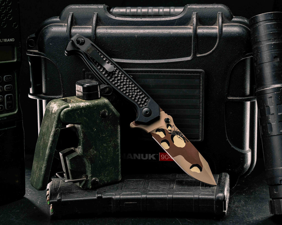 Custom Disaster Folder - Anodized Black Handle, Chocolate Chip Camo Cerakote Blade, Grenade Stippled Grip, Deep Carry Clip