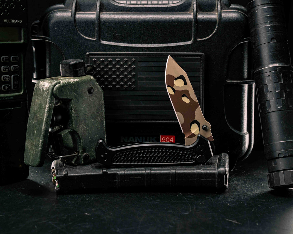 Custom Disaster Folder - Anodized Black Handle, Chocolate Chip Camo Cerakote Blade, Grenade Stippled Grip, Deep Carry Clip
