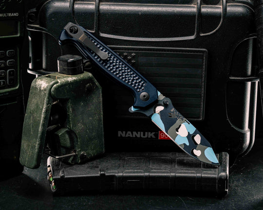 Custom Disaster Folder - Anodized Navy Blue Handle, Blueberry Chocolate Chip Camo Cerakote Blade, Grenade Stippled Grip, Deep Carry Clip