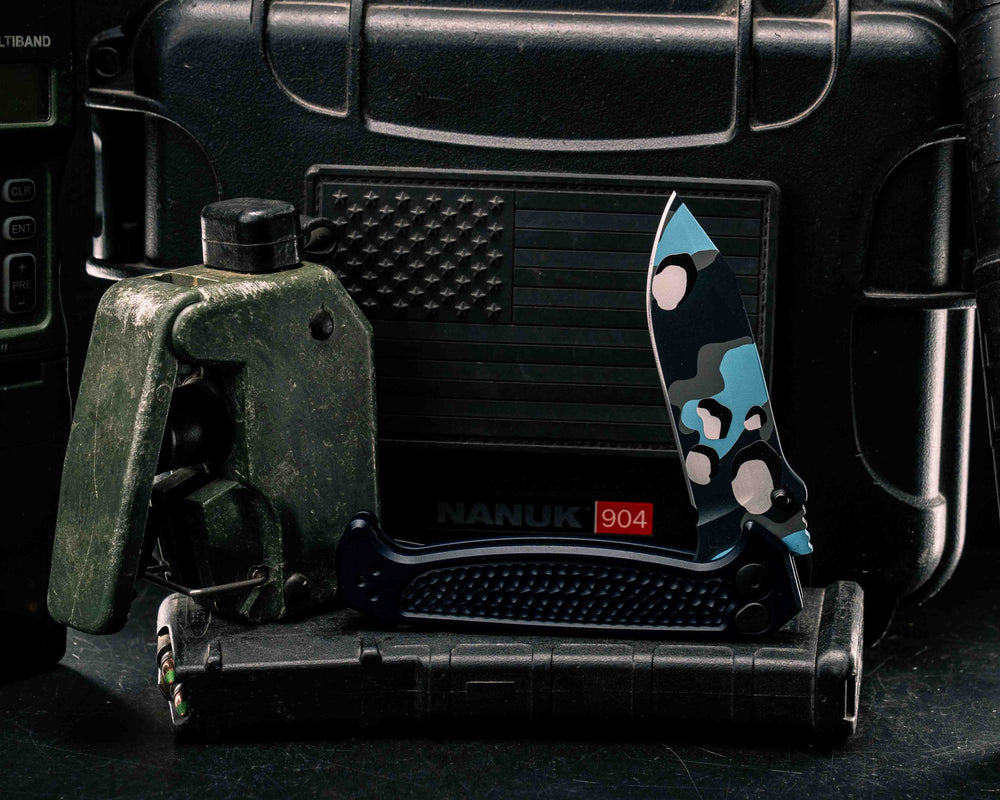 Custom Disaster Folder - Anodized Navy Blue Handle, Blueberry Chocolate Chip Camo Cerakote Blade, Grenade Stippled Grip, Deep Carry Clip