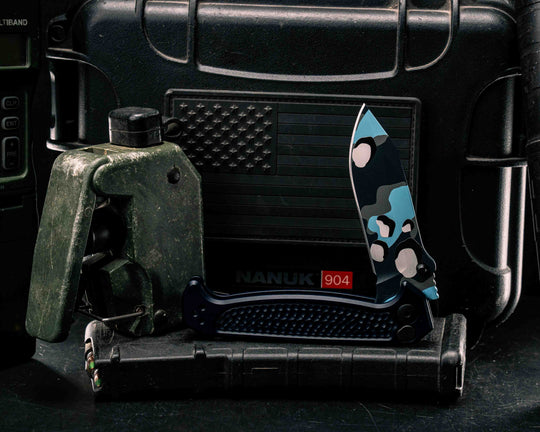 Custom Disaster Folder - Anodized Navy Blue Handle, Blueberry Chocolate Chip Camo Cerakote Blade, Grenade Stippled Grip, Deep Carry Clip