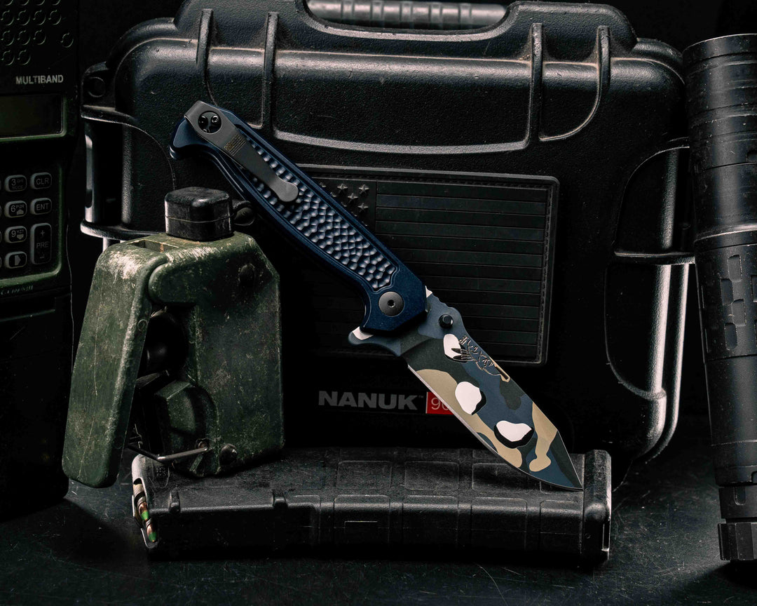 Custom Disaster Folder - Anodized Navy Blue Handle, Saudi Chocolate Chip Camo Cerakote Blade, Grenade Stippled Grip, Deep Carry Clip