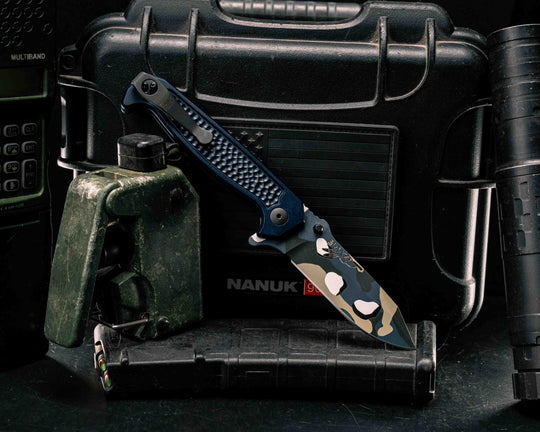 Custom Disaster Folder - Anodized Navy Blue Handle, Saudi Chocolate Chip Camo Cerakote Blade, Grenade Stippled Grip, Deep Carry Clip
