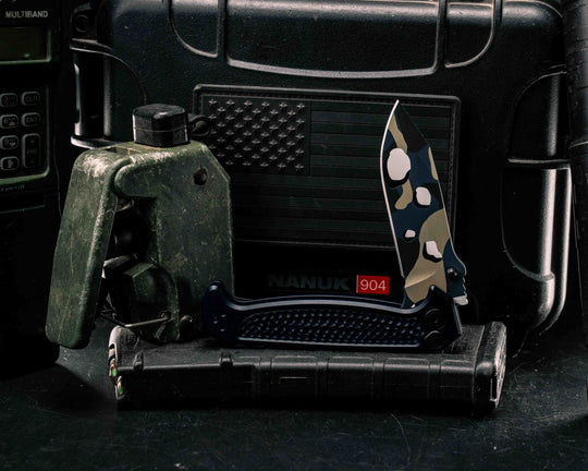 Custom Disaster Folder - Anodized Navy Blue Handle, Saudi Chocolate Chip Camo Cerakote Blade, Grenade Stippled Grip, Deep Carry Clip