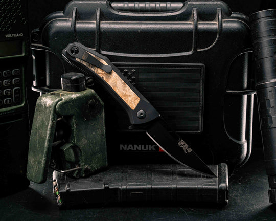 Custom Kwaiken Folder - Buckeye Burl, Anodized Black Handle, Black Nitride Blade, Textured Grip, Deep Carry Pocket Clip