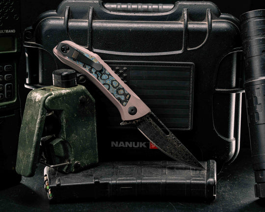 Custom Kwaiken Folder- Vegas Forge Reptilian Damascus- Cobblestone Black Timascus, Anodized Black Handle, Black Nitride Blade, Smooth Grip, Deep Carry Pocket Clip