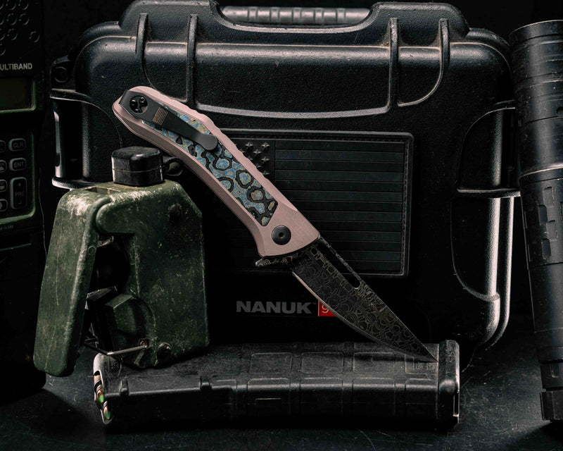 Custom Kwaiken Folder- Vegas Forge Reptilian Damascus- Cobblestone Black Timascus, Anodized Black Handle, Black Nitride Blade, Smooth Grip, Deep Carry Pocket Clip