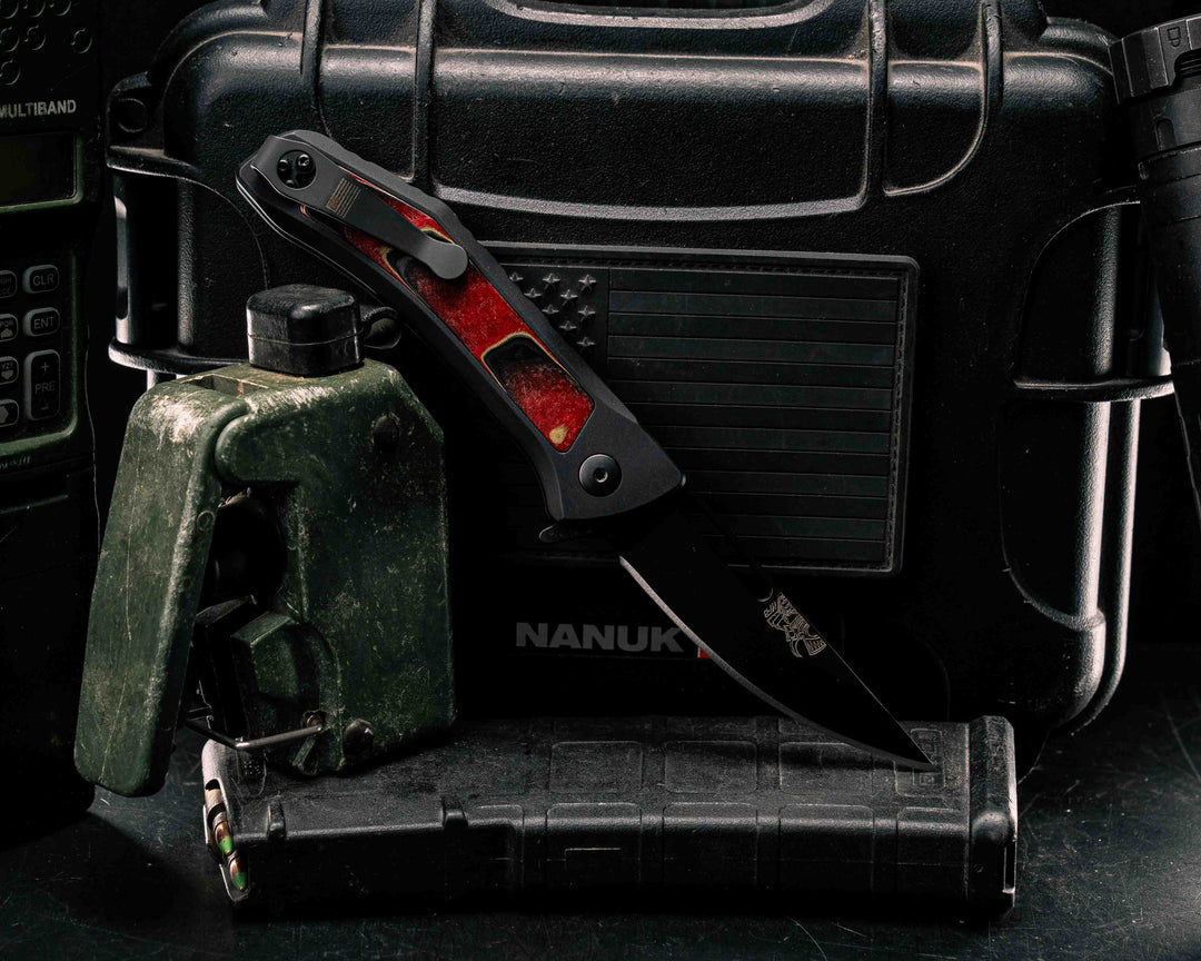 Custom Kwaiken Folder - Red Dragon Camo Quartz, Anodized Black Handle, Black Nitride Blade, Textured Grip, Deep Carry Pocket Clip