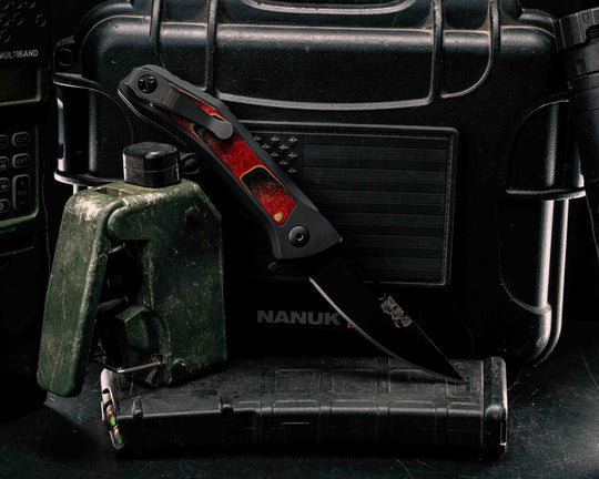 Custom Kwaiken Folder - Red Dragon Camo Quartz, Anodized Black Handle, Black Nitride Blade, Textured Grip, Deep Carry Pocket Clip
