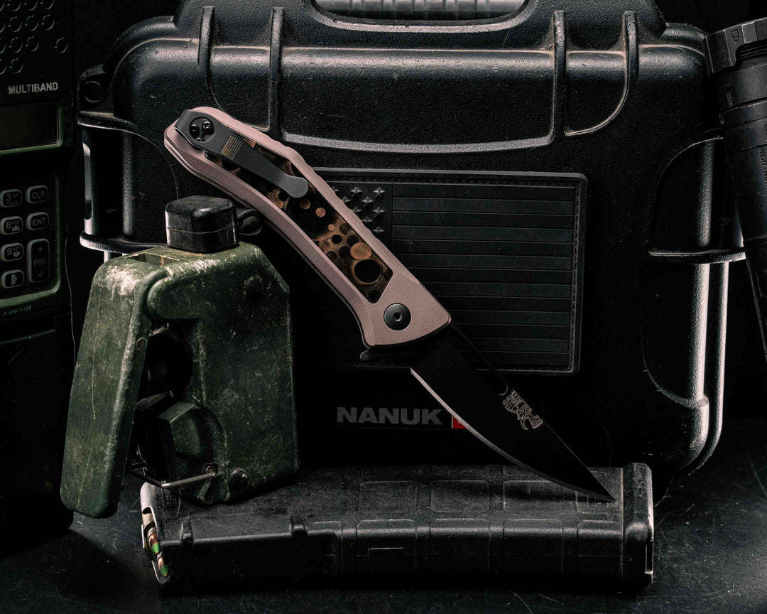 Custom Kwaiken Folder- Raffir Noble Wasp Uranium Glow, Anodized Grey Handle, Black Nitride Blade, Smooth Grip, Deep Carry Pocket Clip