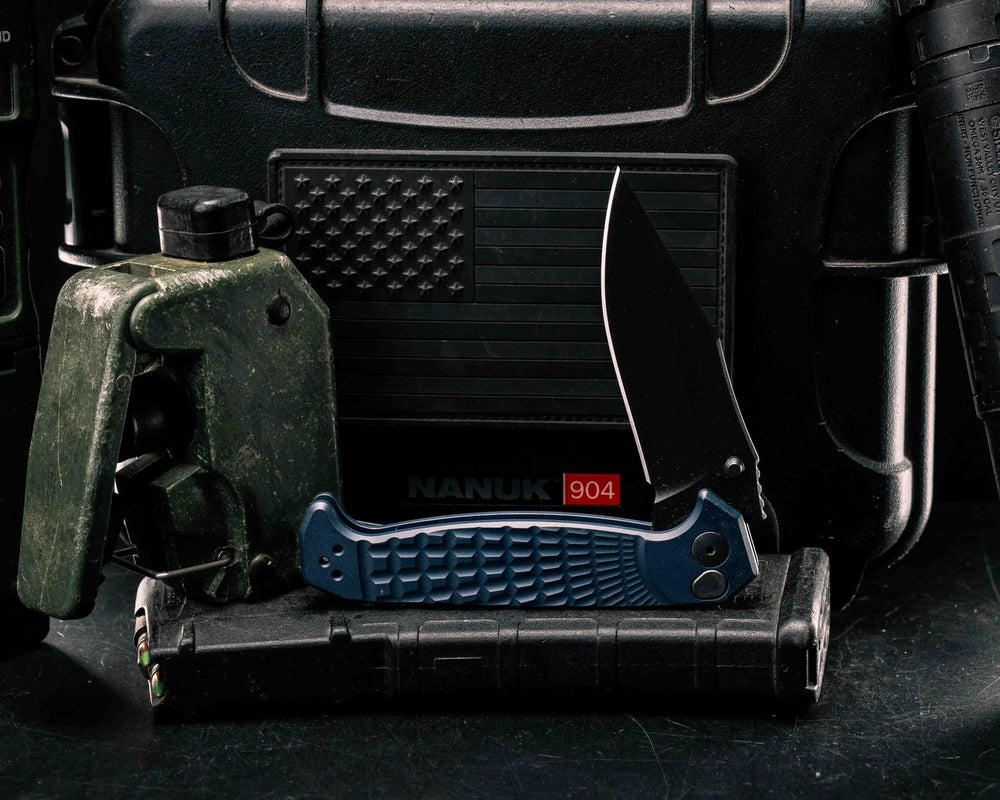 Crow Folder- Anodized Navy Blue Handle, Black Nitride Blade, Grenade Stippled Grip, Deep Carry Clip