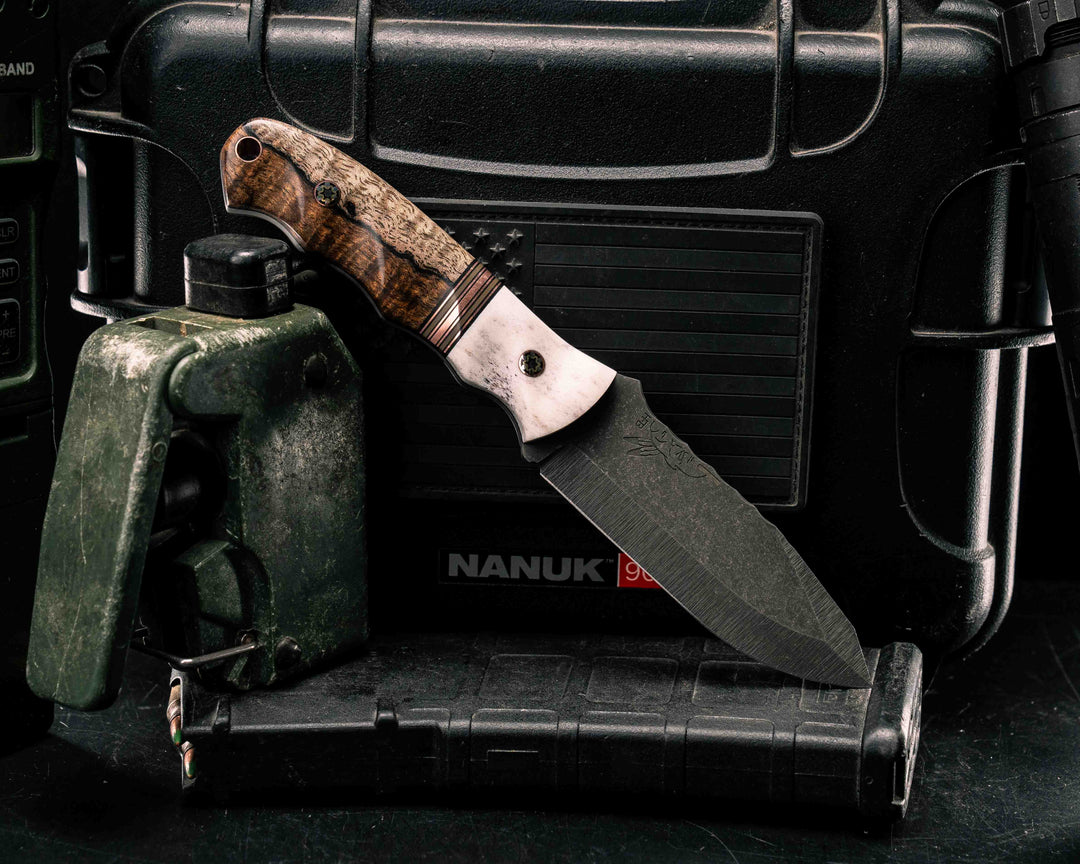 Disaster Jr- Elk Antler, Black G10, Copper and Coyote G10 Split, Hawaiian Curly Mango, Mosaic Pins, Copper Lanyard Pin, Textured Grip