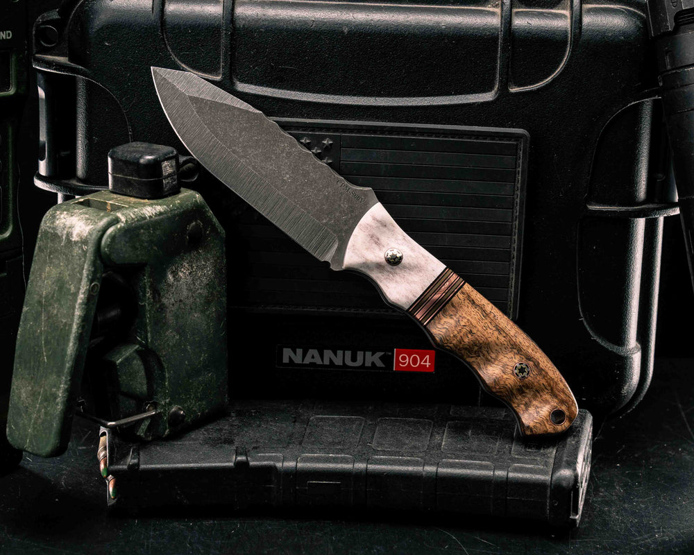 Disaster Jr- Elk Antler, Black G10, Copper and Coyote G10 Split, Hawaiian Curly Mango, Mosaic Pins, Copper Lanyard Pin, Textured Grip