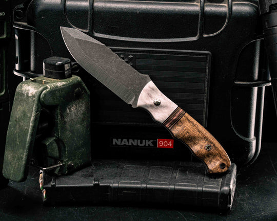 Disaster Jr- Elk Antler, Black G10, Copper and Coyote G10 Split, Hawaiian Curly Mango, Mosaic Pins, Copper Lanyard Pin, Textured Grip