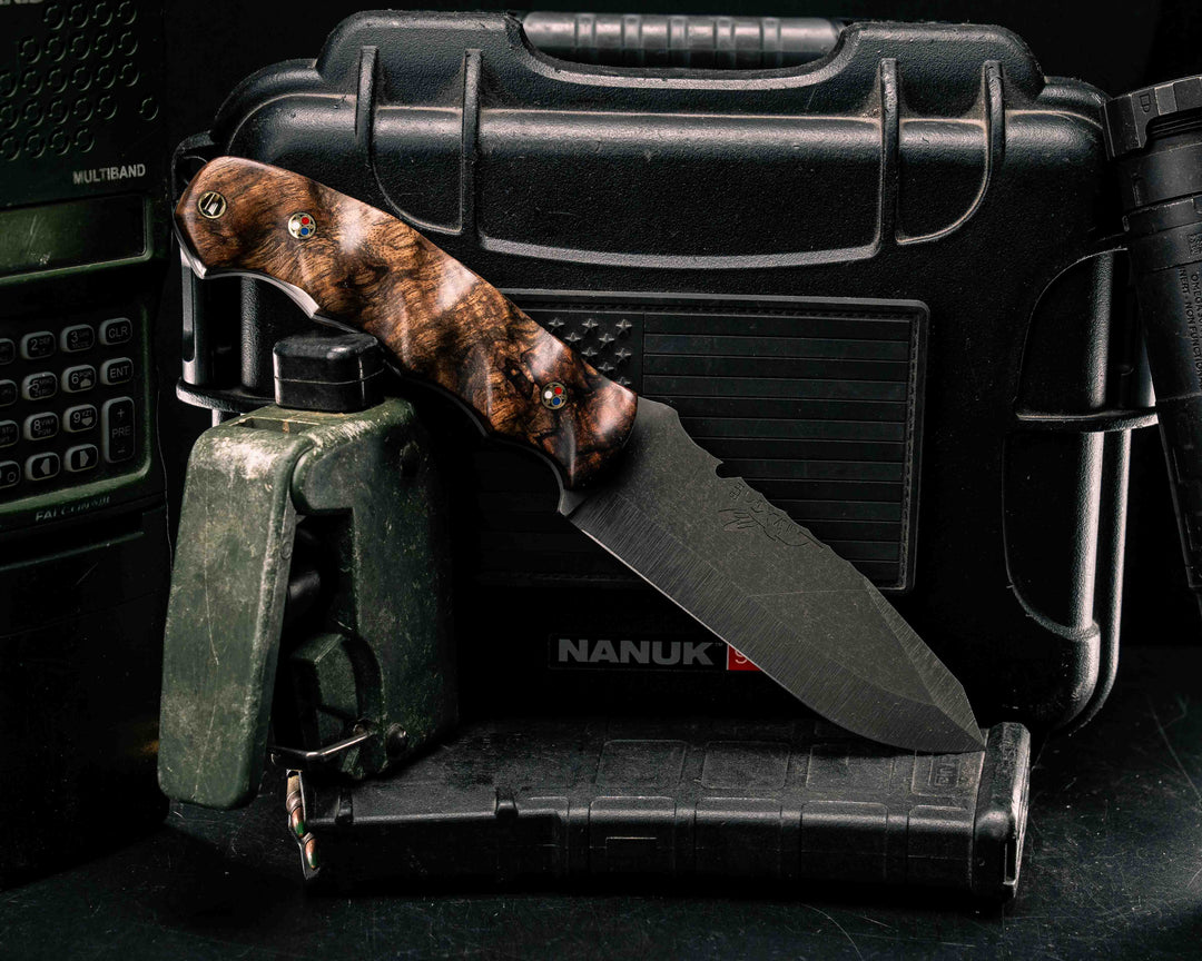 Notched Disaster Breacher- Mahogany, Patriot Mosaic Pins, Brass Lanyard Pin, Textured Grip