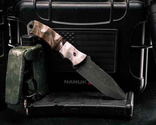 Disaster Jr- Elk antler, Black G10 and Copper Split, Hawaiian Curly Mango, Copper Patriot Mosaic Pins, Textured Grip