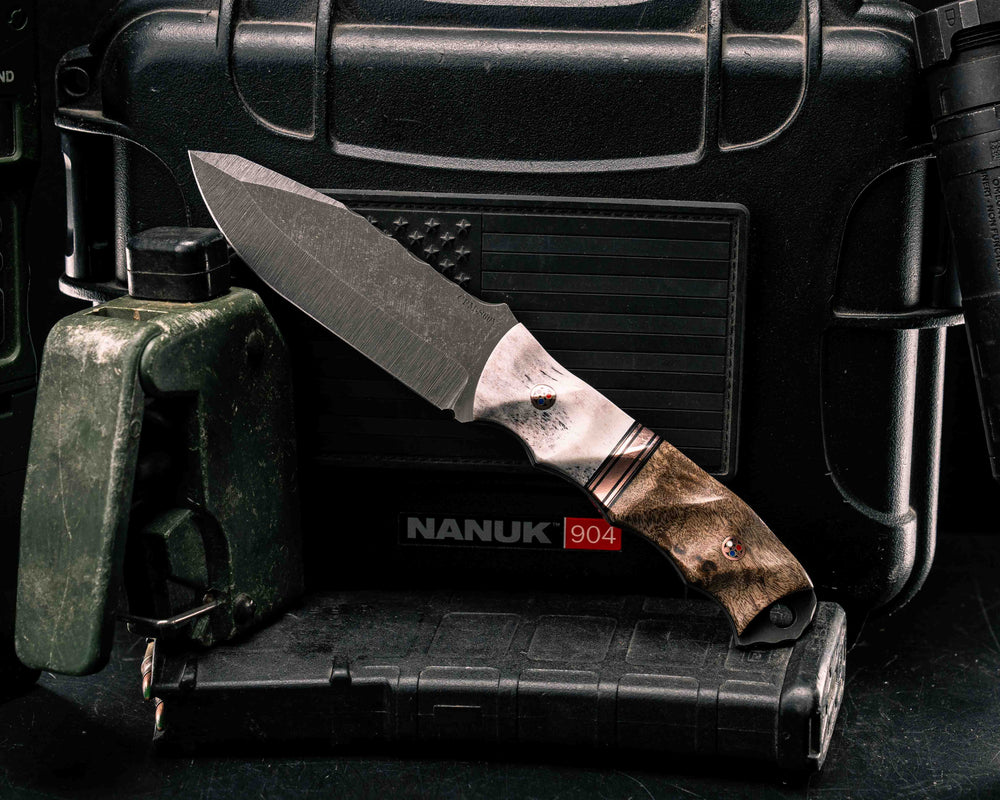 Disaster Jr- Elk antler, Black G10 and Copper Split, Hawaiian Curly Mango, Copper Patriot Mosaic Pins, Textured Grip