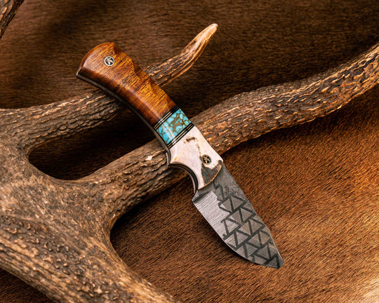 Beef Harpoon- Elk Antler, Black G10 and Brass Pin Striping, Turquoise with Gold Web Tru-stone Split, Desert Ironwood, Mosaic Pins, Textured Grip