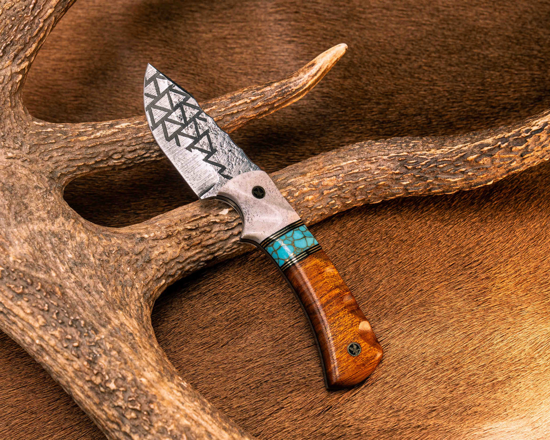 Beef Harpoon- Elk Antler, Black G10 and Brass Pin Striping, Turquoise with Gold Web Tru-stone Split, Desert Ironwood, Mosaic Pins, Textured Grip
