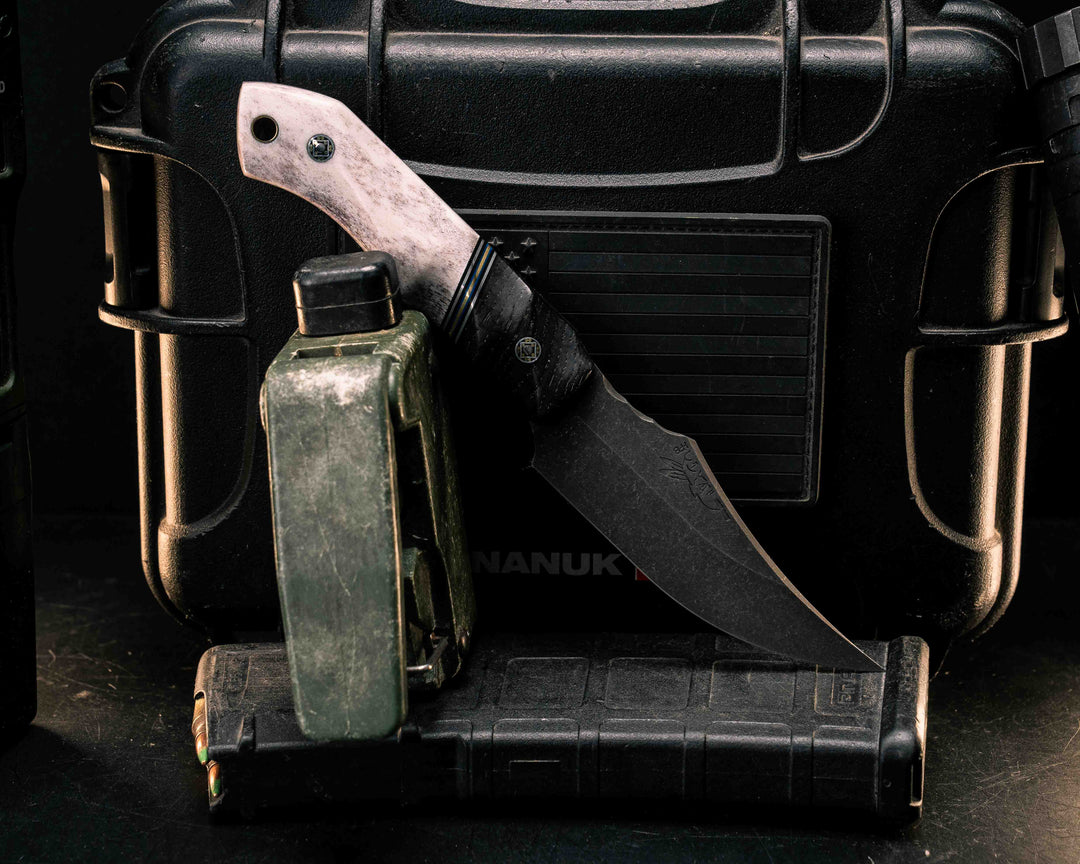 Red Cloud- Ancient Bog Oak, Black G10, Aluminum, Blue G10 and Brass Split, Elk Antler, Mosaic Pins, Brass Lanyard Pin, Textured Grip