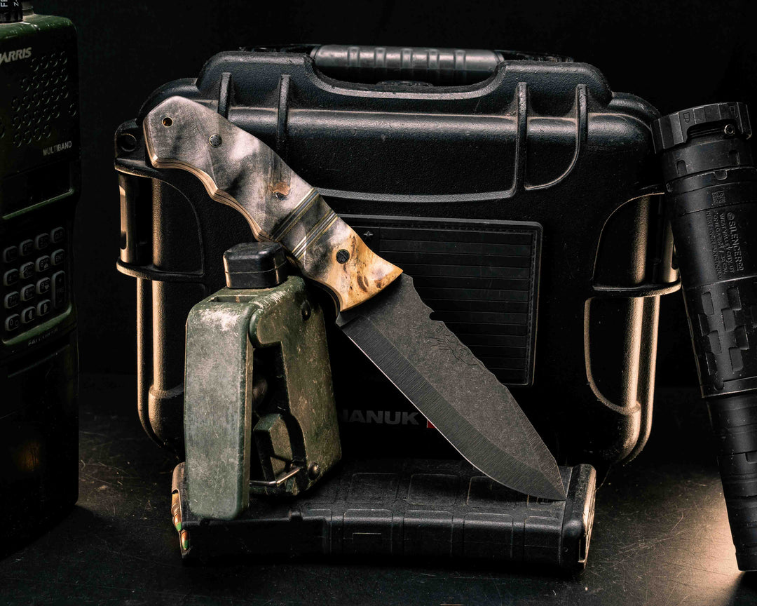 Notched Disaster Breacher- Buckeye Burl, Brass, Forest Green G10, Coyote G10 and Aluminum Pin Striping, Buckeye Burl Split, Buckeye Burl, Mosaic Pins, Brass Lanyard Pin, Textured Grip