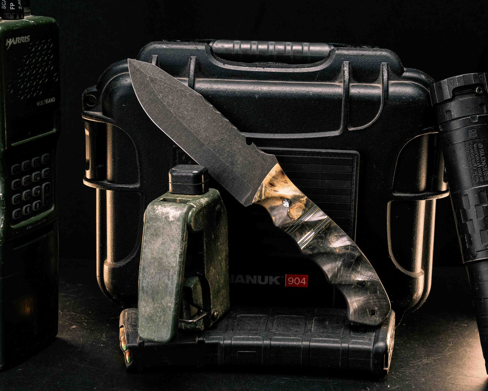 Notched Disaster Breacher- Buckeye Burl, Brass, Forest Green G10, Coyote G10 and Aluminum Pin Striping, Buckeye Burl Split, Buckeye Burl, Mosaic Pins, Brass Lanyard Pin, Textured Grip