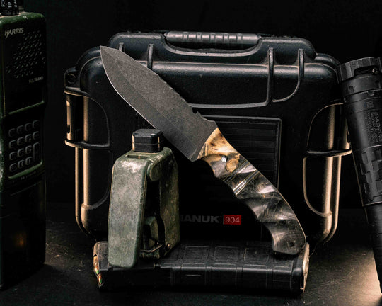 Notched Disaster Breacher- Buckeye Burl, Brass, Forest Green G10, Coyote G10 and Aluminum Pin Striping, Buckeye Burl Split, Buckeye Burl, Mosaic Pins, Brass Lanyard Pin, Textured Grip