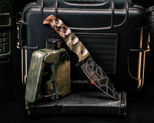 Ishi- OD Green Canvas Micarta, Black G10, Copper and Aluminum Pin Striping, OD Green Canvas Micarta Split, Hawaiian Curly Koa, Patriot Mosaic Pins, Brass Lanyard Pin, Textured Grip