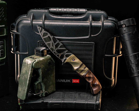 Ishi- OD Green Canvas Micarta, Black G10, Copper and Aluminum Pin Striping, OD Green Canvas Micarta Split, Hawaiian Curly Koa, Patriot Mosaic Pins, Brass Lanyard Pin, Textured Grip