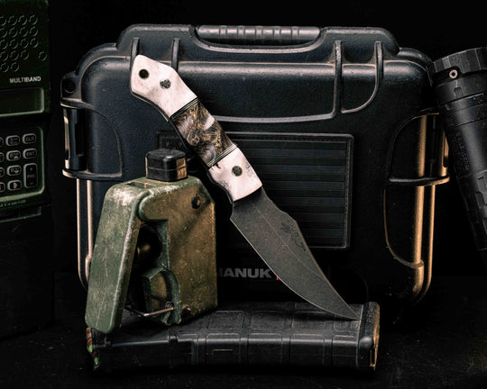 Red Cloud-  Elk Antler, Black G10, Brass and Aluminum Pin Striping, Gold Dark Matter Carbon Split, Mosaic Pins, Brass Lanyard Pin, Textured Grip