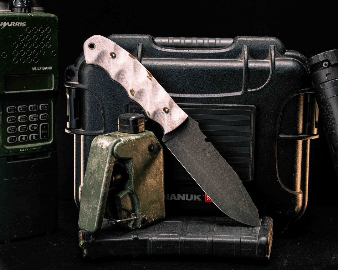 Notched Disaster Breacher- Elk Antler, Patriot Mosaic Pins, Brass Lanyard Pin, Textured Grip