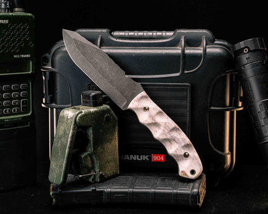 Notched Disaster Breacher- Elk Antler, Patriot Mosaic Pins, Brass Lanyard Pin, Textured Grip