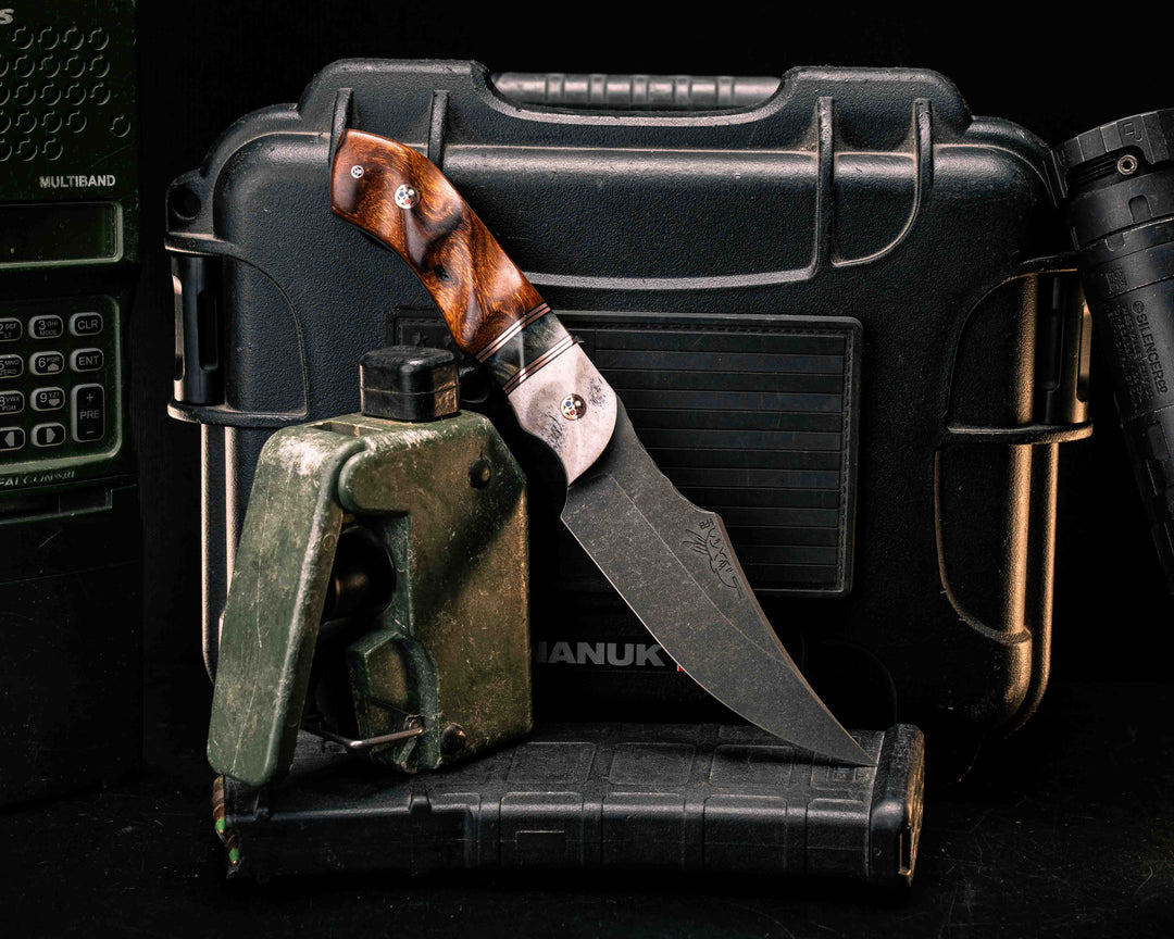 Red Cloud-  Elk Antler, Black G10 and Copper Pin Striping, Dyed Buckeye Split, Desert Ironwood, Copper Patriot Mosaic Pins, Textured Grip