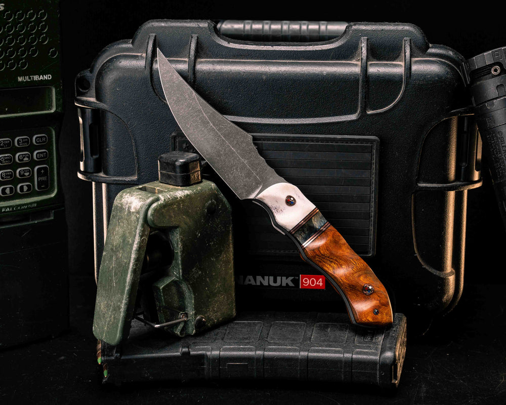 Red Cloud-  Elk Antler, Black G10 and Copper Pin Striping, Dyed Buckeye Split, Desert Ironwood, Copper Patriot Mosaic Pins, Textured Grip