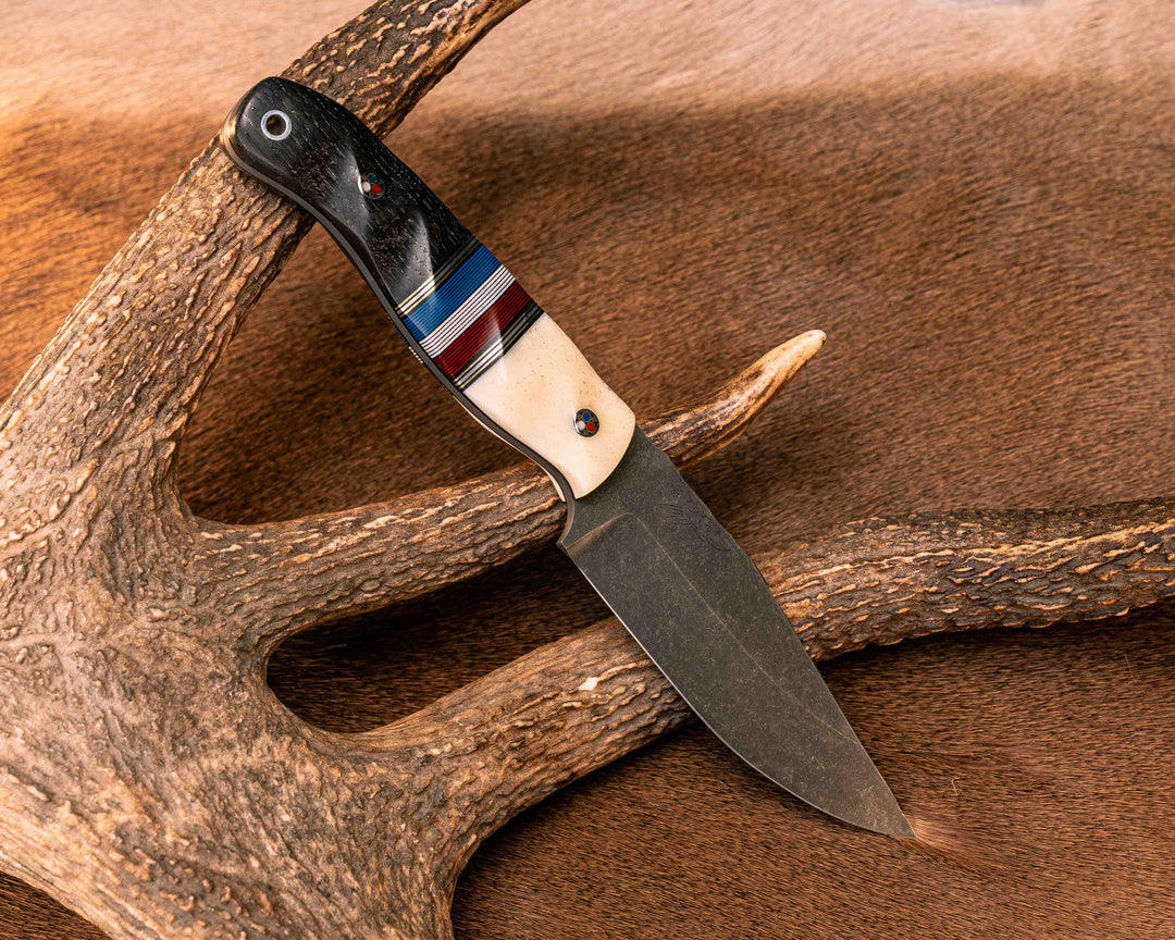 Crow Jr- Giraffe Bone, Black G10, Brass and Aluminum  and Brass Pin Striping, Americana G-Carta Split, Ancient Bog Oak, Patriot Mosaic Pins, Aluminum Lanyard Pin, Textured Grip
