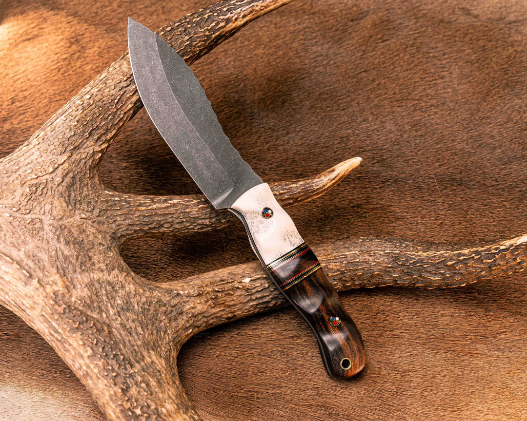 Hunter Skinner- Elk Antler, Black G10, Brass and Cherry G10 Pin Striping, Desert Ironwood Split, Desert Ironwood, Patriot Mosaic Pins, Brass Lanyard Pin, Textured Grip