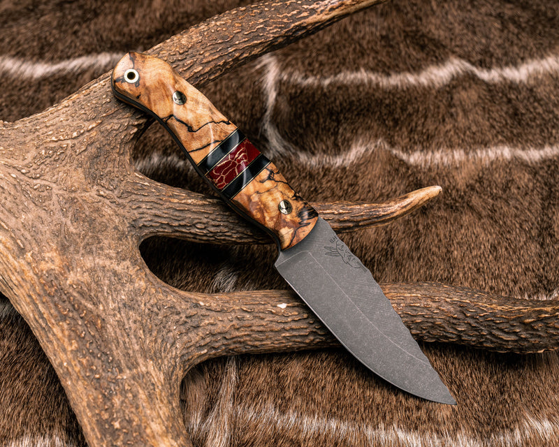 Crow Jr- Spalted Maple, Black G10 and Brass Pin Striping, Black G10 and Red with Gold Web Tru-stone Split, Mosaic Pins, Brass Lanyard Pin, Textured Grip