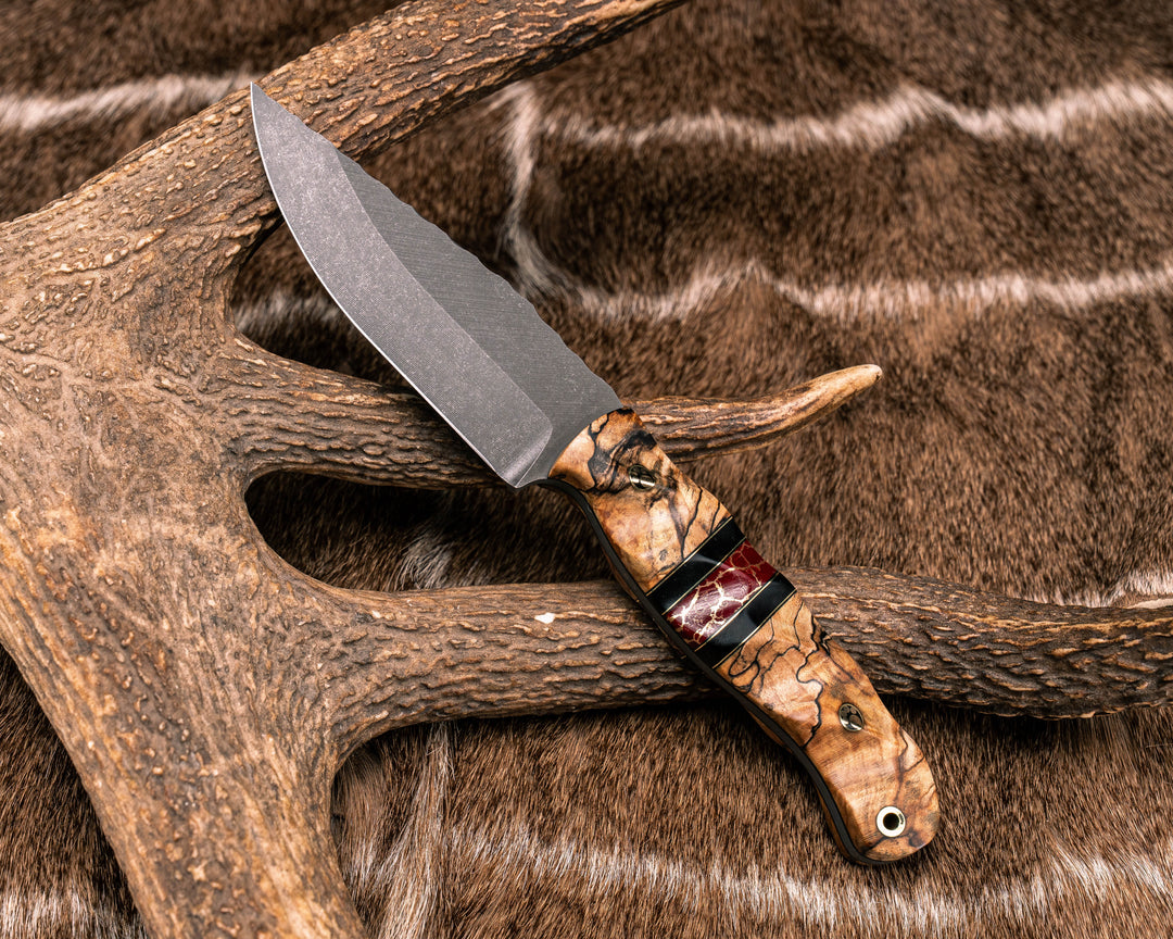 Crow Jr- Spalted Maple, Black G10 and Brass Pin Striping, Black G10 and Red with Gold Web Tru-stone Split, Mosaic Pins, Brass Lanyard Pin, Textured Grip