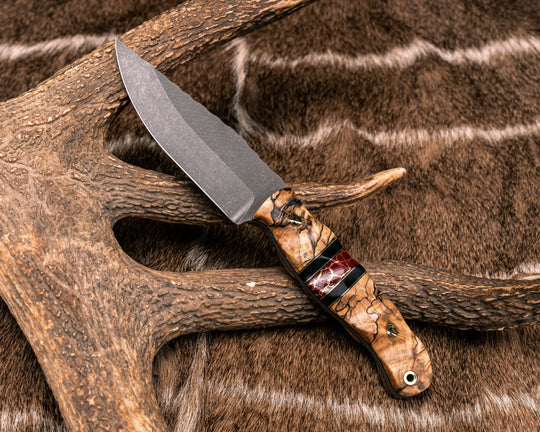 Crow Jr- Spalted Maple, Black G10 and Brass Pin Striping, Black G10 and Red with Gold Web Tru-stone Split, Mosaic Pins, Brass Lanyard Pin, Textured Grip