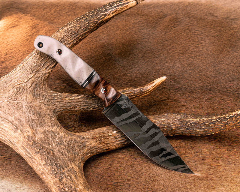 Crow Scout- Hawaiian Curly Koa, Black G10, Earth G10 and Copper Split, Elk Antler, Copper Patriot Mosaic Pins, CF Lanyard Pin, Textured Grip