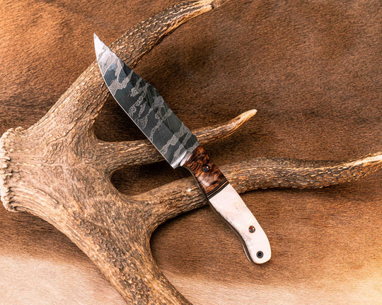 Crow Scout- Hawaiian Curly Koa, Black G10, Earth G10 and Copper Split, Elk Antler, Copper Patriot Mosaic Pins, CF Lanyard Pin, Textured Grip