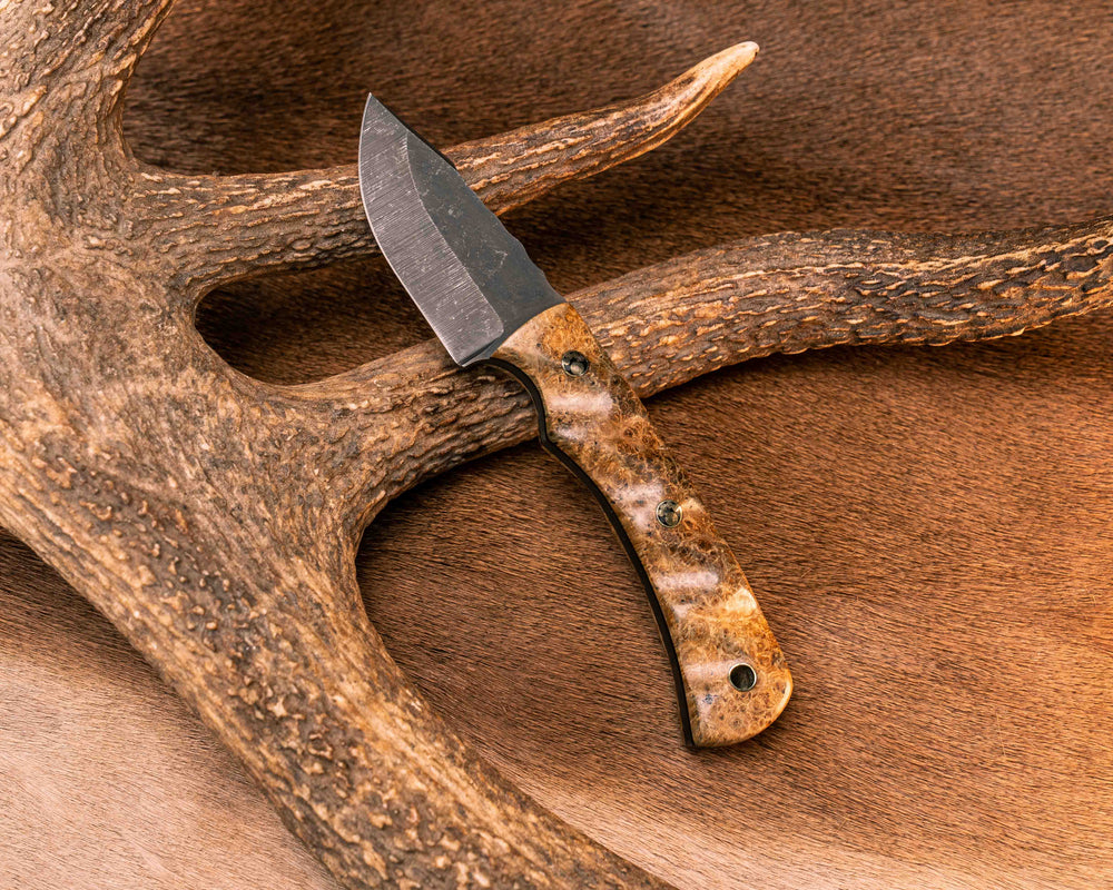 Beef Harpoon- Amboyna Burl, Mosaic Pins, Brass Lanyard Pin, Textured Grip