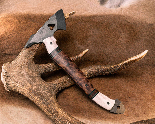 Bleeding Heart Hawk- Elk Antler, Black G10, Forest Green g10 and Coyote G10 Pin Striping, Redwood Burl Split, Black Micarta Pins, Smooth Grip