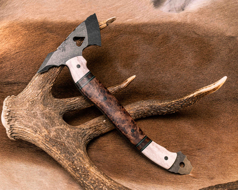 Bleeding Heart Hawk- Elk Antler, Black G10, Forest Green g10 and Coyote G10 Pin Striping, Redwood Burl Split, Black Micarta Pins, Smooth Grip