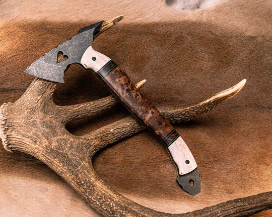 Bleeding Heart Hawk- Elk Antler, Black G10, Forest Green g10 and Coyote G10 Pin Striping, Redwood Burl Split, Black Micarta Pins, Smooth Grip